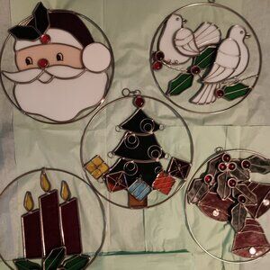 Lot of 5 vintage hanging stained glass lead Christmas suncatchers